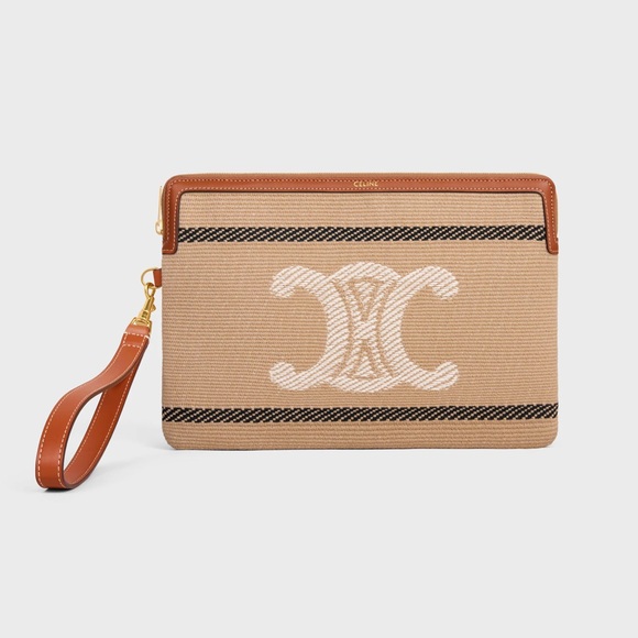 Celine Small Pouch with Strap Striped Textile Wristlet Triomphe - Picture 1 of 8